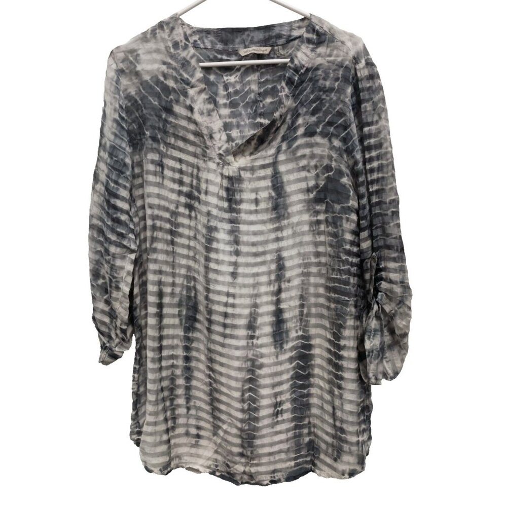 Soft Surroundings Tunic Top Womens Medium Gray Tie Dye Striped 3/4‎ Sleeve BOHO